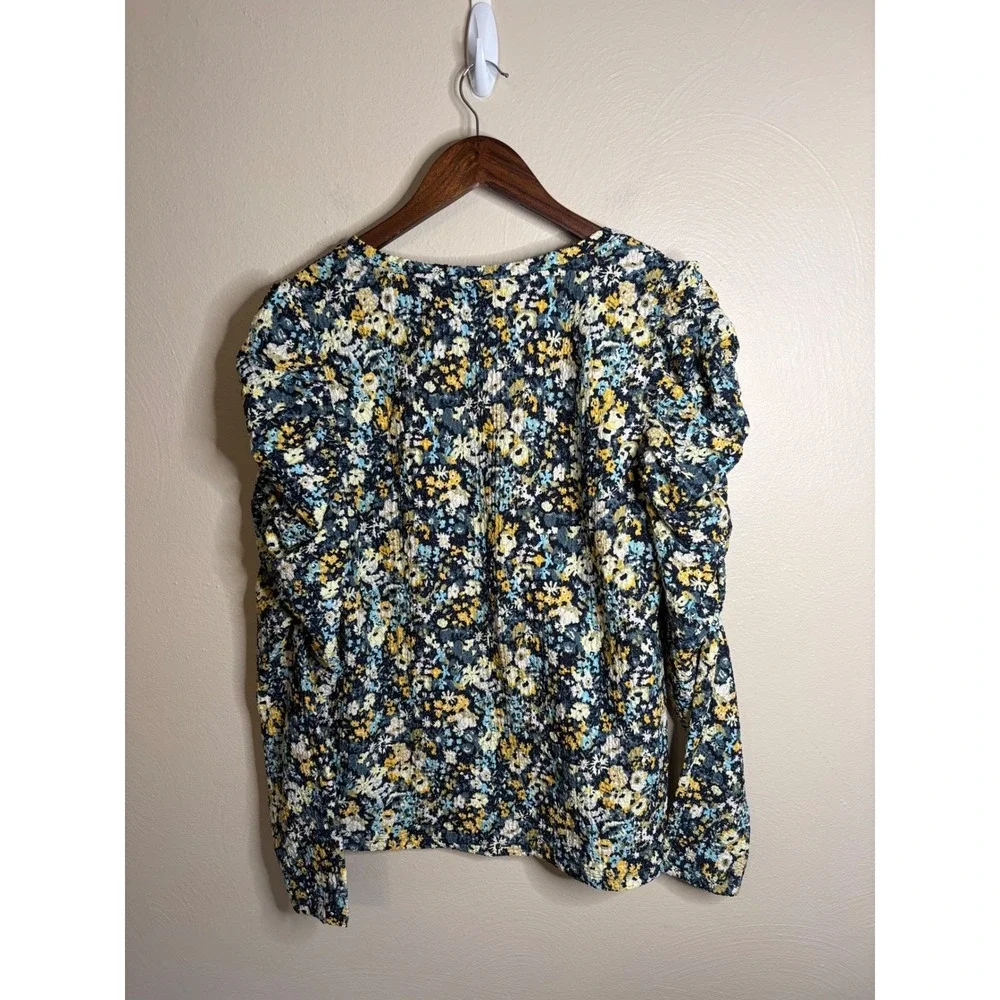 LOFT Womens Floral Puff Sleeve Blouse Size L Blue Yellow Cottagecore Casual